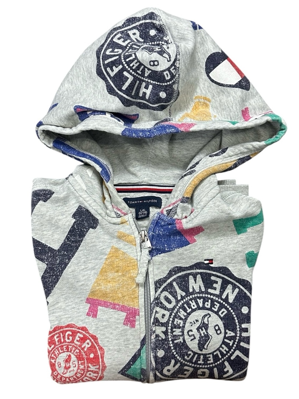 Tommy Hilfiger Kids Hoodie Full Zip Logo Print Gray L 12-14 Fleece Sweatshirt